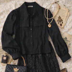 Donnkenny Retro Vintage Womens Black Button Up Pleated Blouse